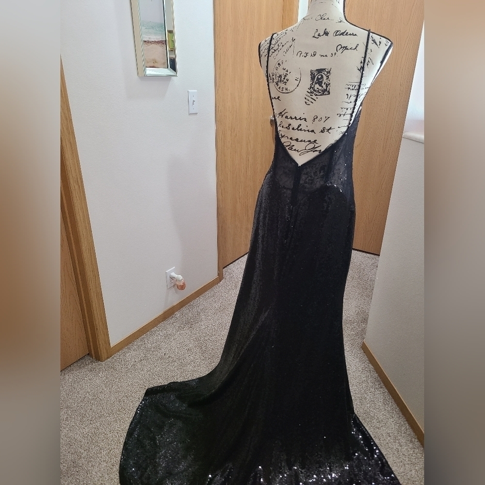 Morilee 48023 sequin sheer lace high slit beaded strap prom formal pageant dress - Picture 6 of 10